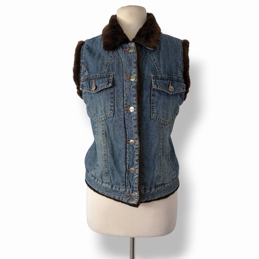 VTG Lapis Y2K Denim Faux Fur Trim Vest Medium Boho Western Indie Sleaze Grunge